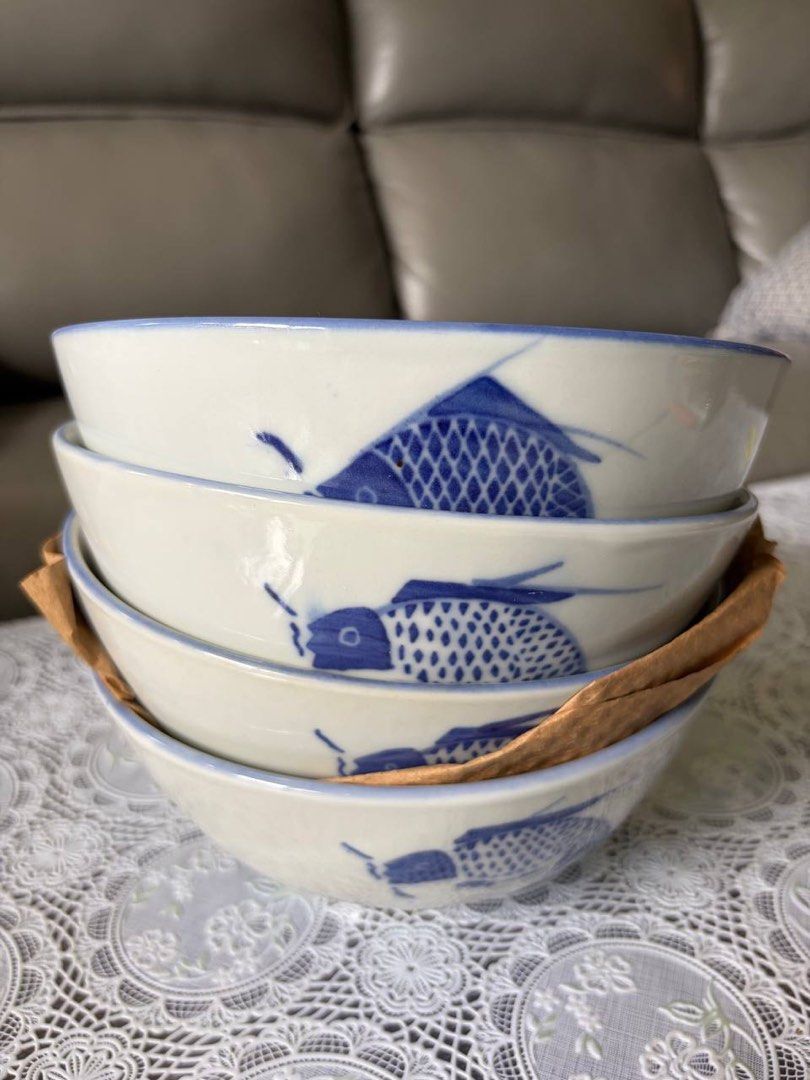 Old school 4 Blue and White Fish Ceramic Bowls and Plates