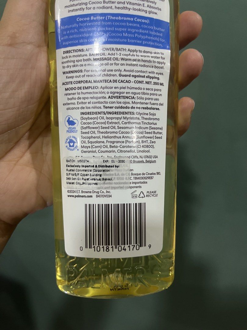 Palmer's Cocoa Butter Formula Moisturizes Softens Body Oil with Vitamin E (Category: Body Care) located in Antipolo. Submitted by tomale1 (Listing ID 1442556114, Image 2). Description: - Palmer's Cocoa Butter Formula Body Oil - Provides 48-hour moisture - Enriched with Vitamin E and pure Cocoa Butter - Contains a blend of natural oils - Dermatologist approved - Suitable for bath, body, and shower - Can be used as a massage oil or for instant radi