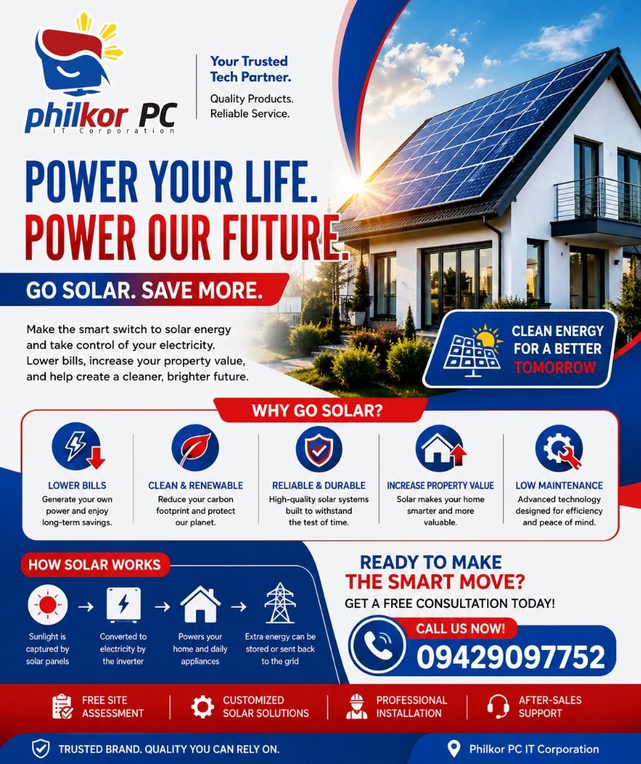 Philkor PC Solar Panel System - Power Your Life! (Category: Desktops) located in Manila. Submitted by robert.robert14 (Listing ID 1442564850, Image 1). Description: ☀️ Cut your electricity bills and power your home with the sun! Upgrade to reliable, eco-friendly solar energy and enjoy long-term savings while helping the environment. Our high-quality solar solutions are designed for homes and businesses looking for smarter energy choices. ✅ Lower 