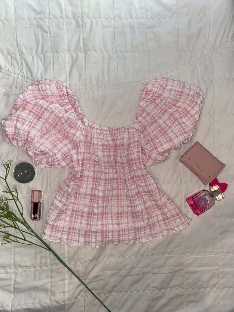 Pink Plaid Puff Sleeve Off-Shoulder Top (Category: Blouses) located in Manila. Submitted by arsyyyy.cat (Listing ID 1442578855, Image 1). Description: Item: Blouse Condition: 10/10 Size: S - M Mine: 179.
