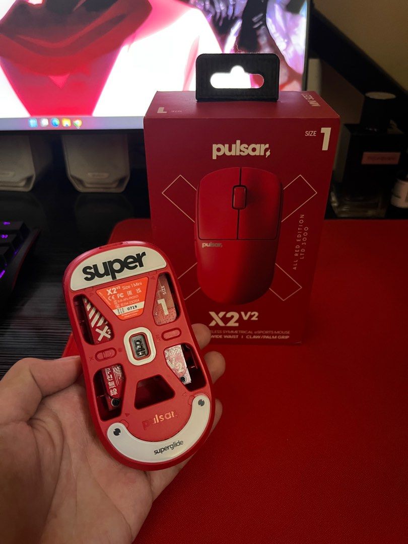 Pulsar X2 V2 Mini Red Edition Wireless Gaming Mouse (Category: Mouse & Mousepads) located in Quezon City. Submitted by johnrovic06 (Listing ID 1442560465, Image 1). Description: For sale Pulsar X2V2 Used like new condition upgraded skates to superglide.