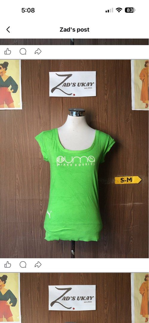 Puma Mixed Doubles Green T-shirt (Category: Shirts) located in Cabadbaran. Submitted by KsGoodFind (Listing ID 1442691722, Image 1). Description: - Vibrant bright green Puma t-shirt - Features the unique 'Mixed Doubles' graphic on the front - Small, iconic Puma logo detail on the side - Fits size Small to Medium (S-M) - Ideal for everyday casual wear.