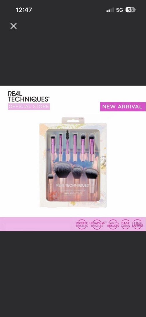 Real Techniques Makeup Brush Set with Pouch (Category: Makeup) located in Manila. Submitted by itskylieeee_ (Listing ID 1442579098, Image 1). Description: - Real Techniques makeup brush set - Includes multiple brushes for various makeup applications - Comes with a stylish holographic pouch for storage - Features purple handles and soft synthetic bristles - Ideal for everyday makeup routines or travel essentials.