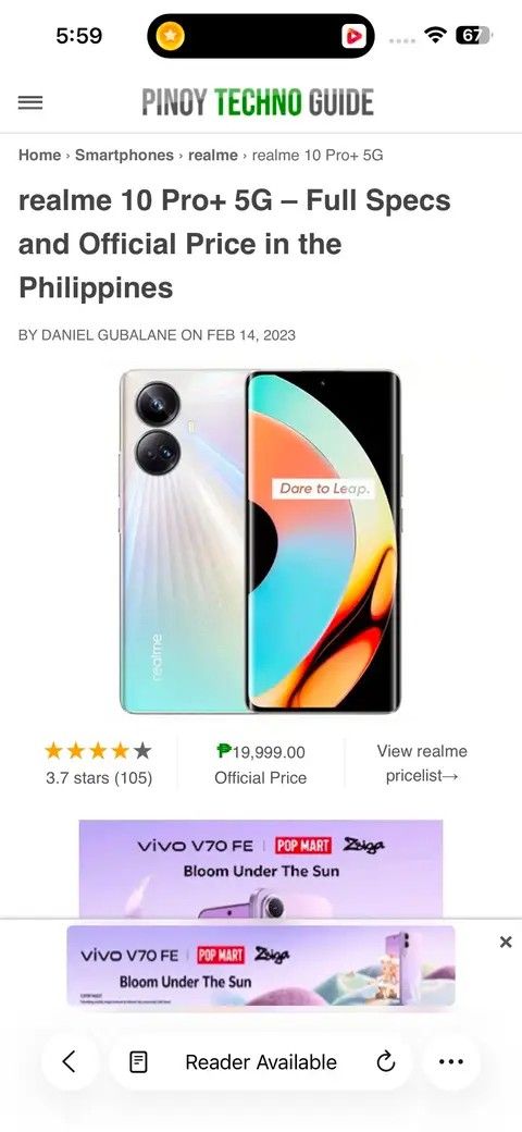 Realme 10pro+ 5g (Category: Realme) located in Manila. Submitted by justinemel66110 (Listing ID 1442670013, Image 2). Description: #REALME10PRO+ 5G (8+4/128GB) CURVED ❌MALLPRICE: P19,999 ✔️MYPRICE: 9,500 📌MALL DISPLAY PULLOUT (LIVE DEMO UNIT) OPEN BOX 100% ORIGINAL NTC APPROVED 7 DAYS REPLACEMENT/1 MONTH SERVICE WARRANTY.