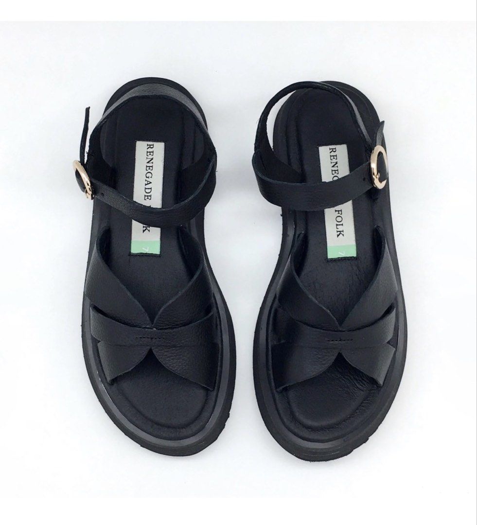 RENEGADE FOLK Together Slides (Category: Flats & Sandals) located in Makati City. Submitted by berniemv (Listing ID 1442710194, Image 3). Description: - Brand: RENEGADE FOLK - Material: Black Leather - Design: Strappy with front crossover detail - Closure: Adjustable ankle strap with gold buckle - Sole: Platform sole for added height - Occasion: Great for casual wear - Size 11 with their sizing.