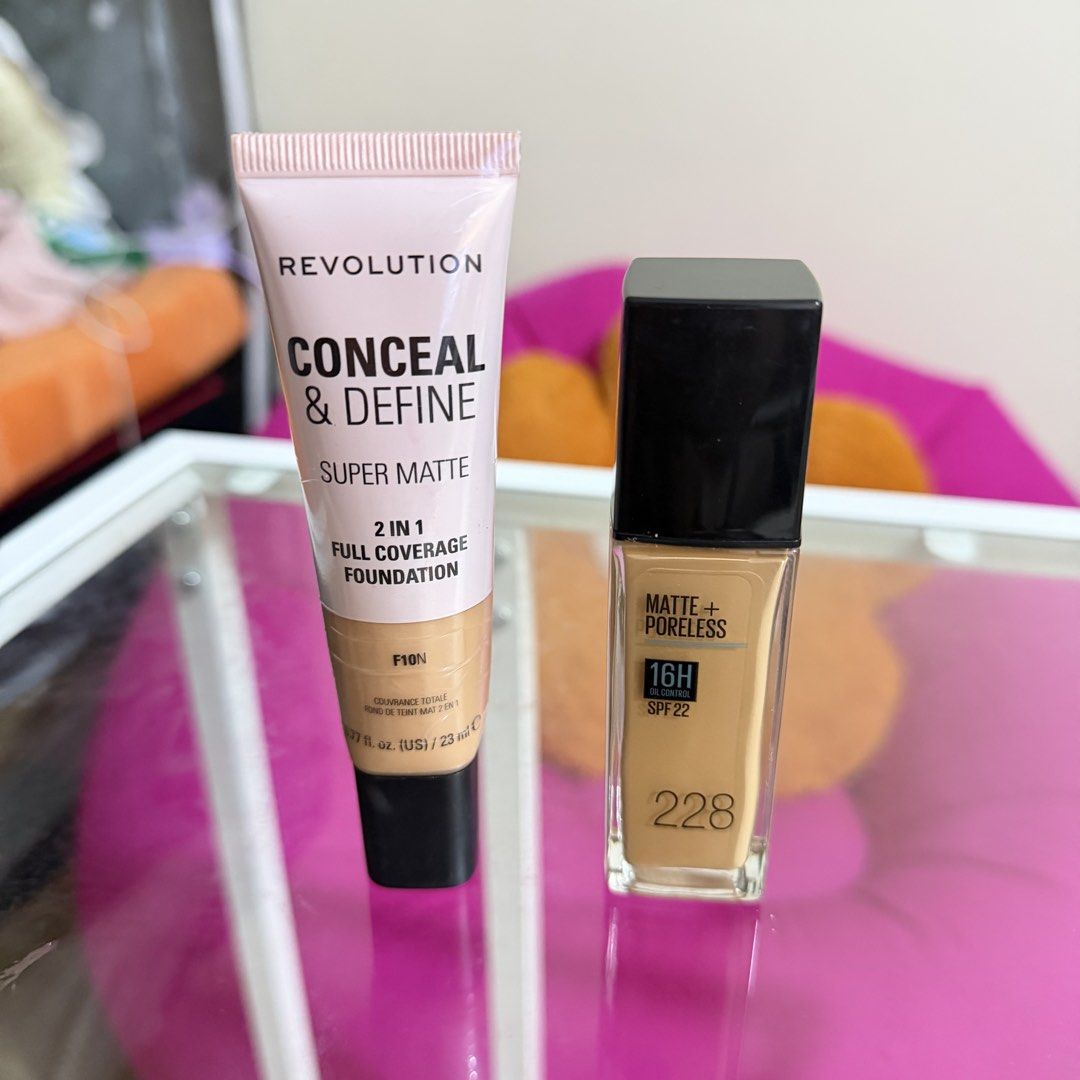 Revolution Conceal & Define + Matte + Poreless Foundation Bundle (Category: Makeup) located in Taguig. Submitted by jejels (Listing ID 1442359150, Image 2). Description: - Bundle includes 2 matte finish foundations: Revolution Conceal & Define Super Matte and Maybelline Matte + Poreless. - Revolution foundation offers full coverage and a super matte finish, ideal for daily use. - Maybelline foundation has approximately 70% product remaining. - Gr