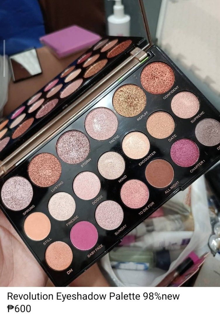 Revolution Makeup London Eyeshadow Palette (Category: Makeup) located in Dasmarinas. Submitted by gofredoang38096 (Listing ID 1442566044, Image 1). Description: - Revolution eyeshadow palette - Features a mix of shimmery and matte shades - Some shades have been lightly swatched, but most product remains - Versatile for both everyday and glam looks - Selling as it's not frequently used.