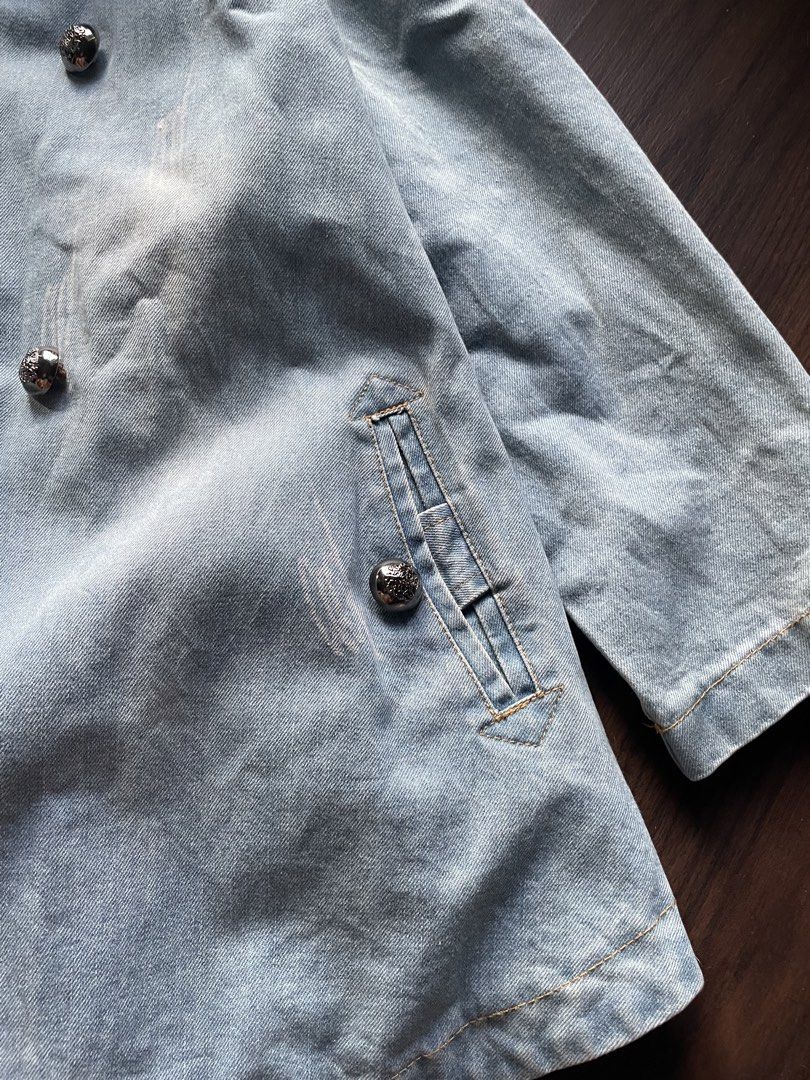 Rosadou Light Wash Denim Double Breasted Jacket (Category: Coats, Jackets and Outerwear) located in Quezon City. Submitted by andreaaa_______ (Listing ID 1442652946, Image 3). Description: - Light wash denim jacket from Rosadou - Double-breasted button closure - Two front pockets - Slightly distressed denim has few loose/missing buttons (check pics) second hand manage expectations unique piece .