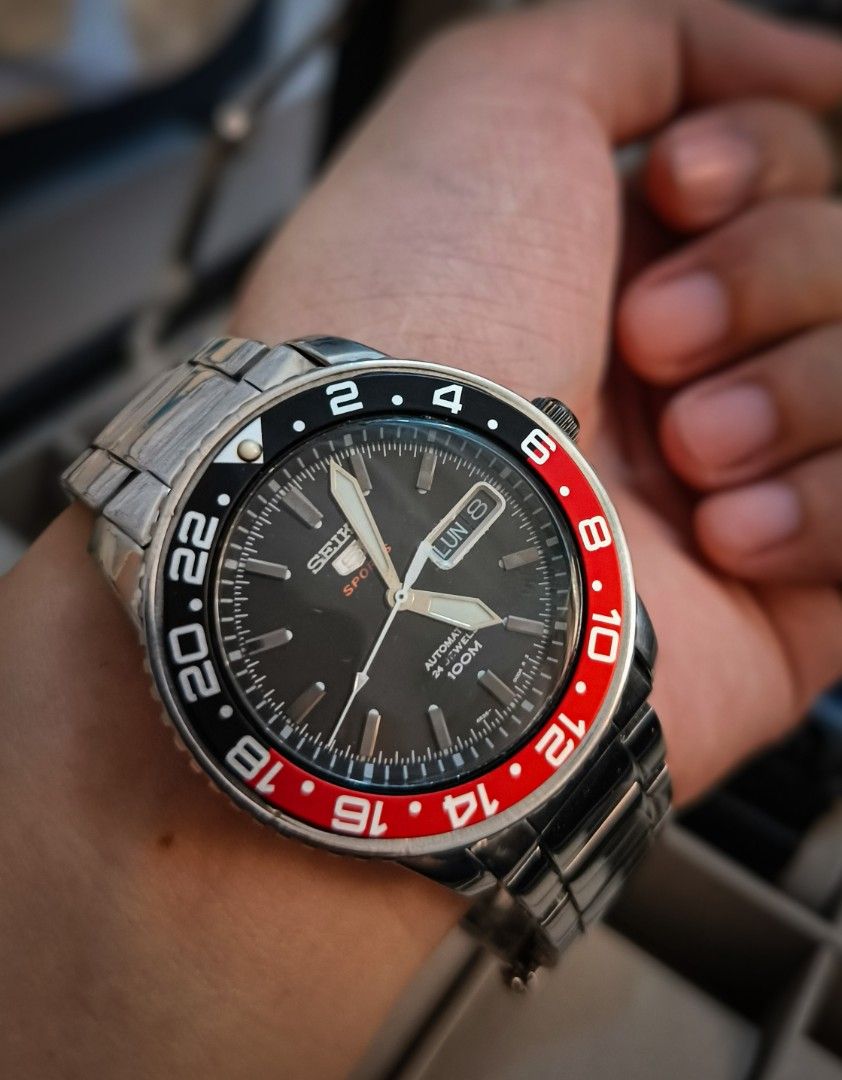 Seiko 5 Sports Automatic GMT Watch (Category: Men's Watches) located in Manila. Submitted by batchi2001 (Listing ID 1442649960, Image 1). Description: ‎👉🏻Seiko 5 Sports 4R36A | Automatic Watch ‎👉🏻Model: ST 7S36-04N0 [A0] WP ‎👉🏻Red & Black Coke Style GMT Bezel ‎👉🏻Seiko 20mm Oyster Style Fold-Over Clasp (Code: B1-3398) ‎👉🏻4R36A Twenty-Four Jewels ‎ 🏊🏻Diver's Watch: Water Resistant 10 BAR (100m Water Resistance) Brand-new Condition (mini