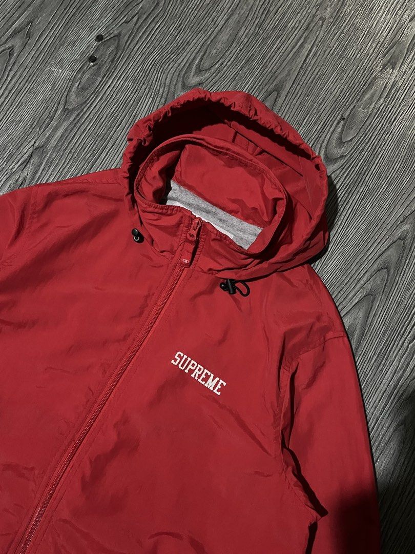 Supreme x Champion Track Jacket (Category: Coats, Jackets and Outerwear) located in Las Pinas. Submitted by secondskinph (Listing ID 1442585349, Image 2). Description: Supreme x Champion Track Jacket (Red) Size: Small Dimes: 23x26 Sleeve Length: 25 CR: 9.5/10 Crackprints on champion logo Still a great condition fav piece🤩 P1,799 Color may varu due to lighting!.