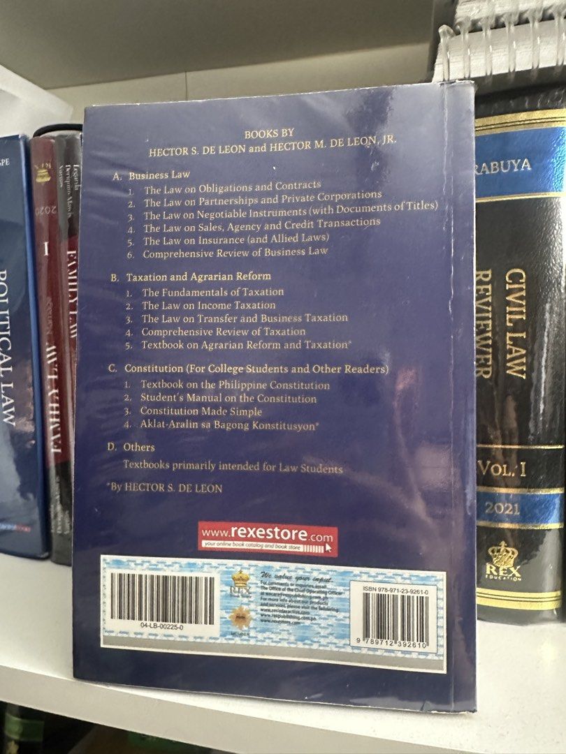 Textbook on the Philippine Constitution (De Leon) 2019 (Category: Textbooks) located in Quezon City. Submitted by eb.closet (Listing ID 1442623808, Image 2). Description: - Textbook: Philippine Constitution by Hector S. De Leon & Hector M. De Leon, Jr. - Publisher: Rex Book Store - Edition Year: 2019 - Key Topics Covered: Business Law, Taxation, Agrarian Reform - Includes: Constitution for college students - Ideal For: Law students and college st