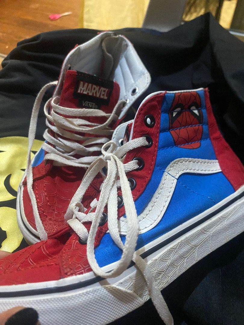 Vans x Marvel Spider-Man High-Top Sneakers (Category: Sneakers) located in Quezon City. Submitted by learose26638332 (Listing ID 1442667540, Image 3). Description: - Cool Vans high-tops with a Spider-Man theme - Classic red and blue colorway - Secure lace-up closure - Ideal for any Marvel fan - Shows some scuffing on soles and minor fabric wear -Size 32.