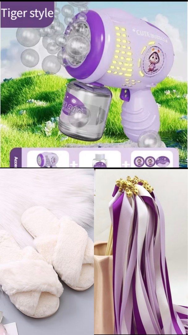 Wedding Wands, Bubble Guns, and Wedding Slippers (Category: Occasions & Party Supplies) located in Bacoor. Submitted by happyearth_a07922 (Listing ID 1442725395, Image 1). Description: Used for wedding pictures - 2 bubble guns - 14pcs lavender wedding wands - 1 white fluffy prep slippers - size 40-41(26cm) Mode of Payment: • GCash • Bank Transfer (BP| or BDO) Send me a message at (0917) 688 1733 Payment First Basis • No return, no cancellation on