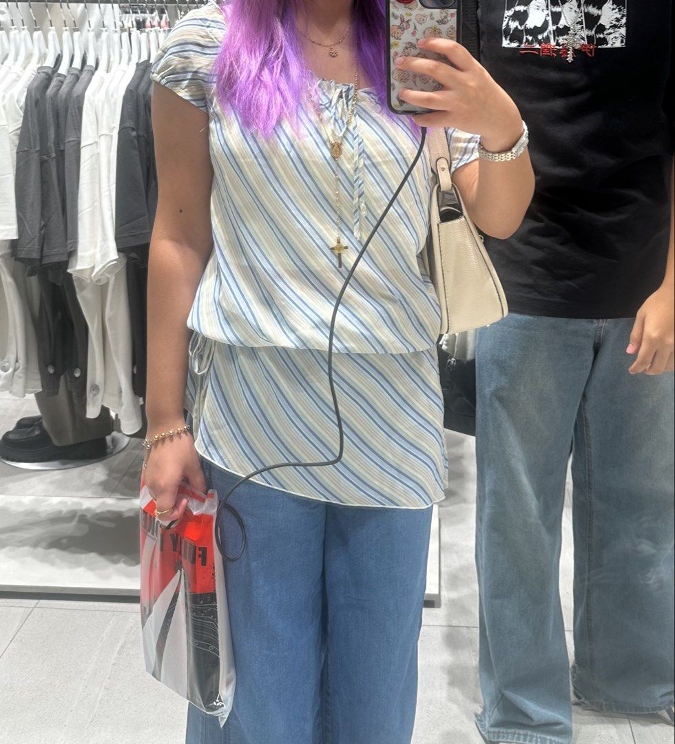 Whimsical blue stripe blouse / dress (Category: Blouses) located in Caloocan City. Submitted by ncldumps (Listing ID 1442684205, Image 2). Description: 🦢 perfect for layering since it is sheer and can also be adjustable on the waist ⭐️ can nego !! but please do not lowball.