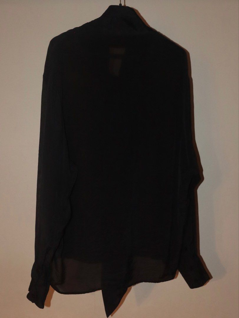 Zara Black Long Sleeve with Bow (Category: Formal Shirts) located in Manila. Submitted by ar_archives (Listing ID 1442711304, Image 3). Description: - Zara black blouse - Size S - Elegant tie-neck detail - Long sleeves with button cuffs - Sheer fabric at the hem - Perfect for dressing up or down - BRAND NEW, NEVER WORN.
