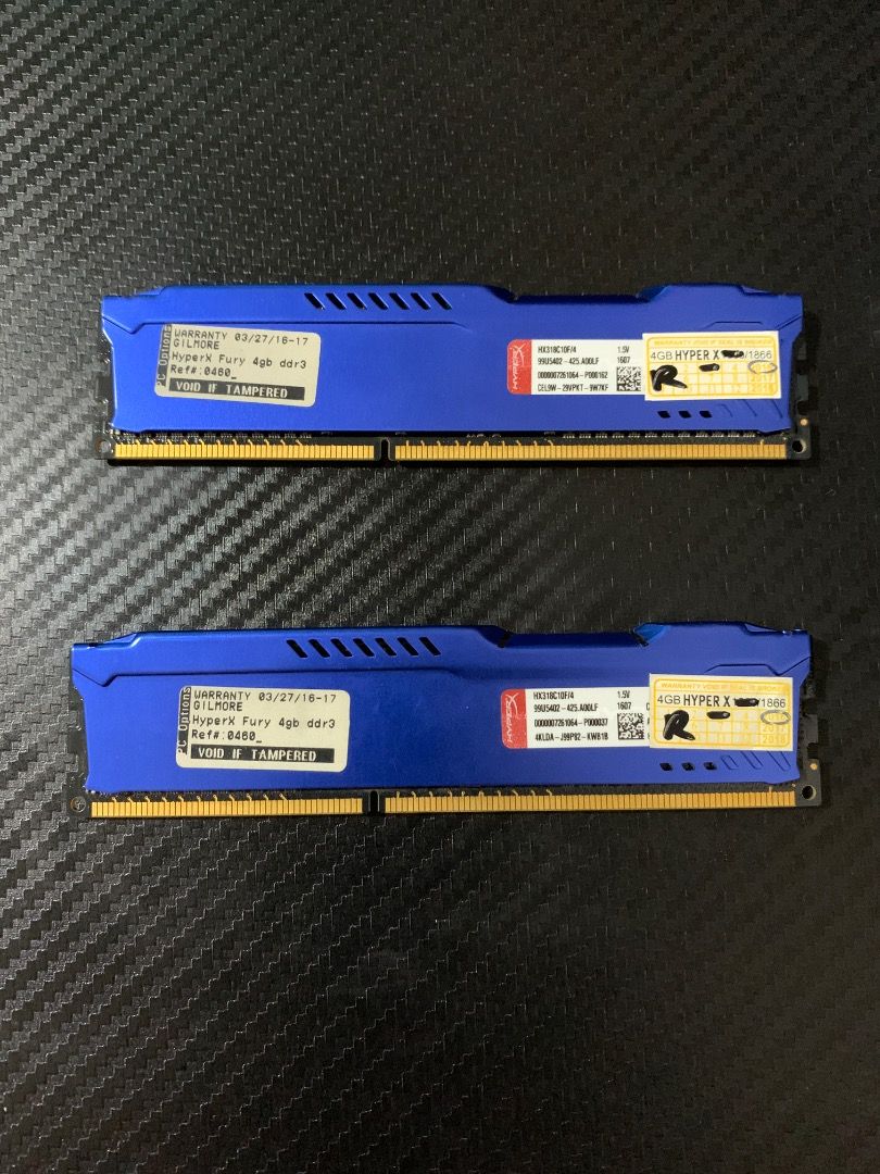 4GB DDR3 HYPERX FURY DESKTOP RAM (Category: Desktops) located in Caloocan City. Submitted by cas_rap (Listing ID 1442735063, Image 2). Description: FOR SALE: 4GB DDR3 HYPERX FURY DESKTOP RAM Available Stock: ✅ 4GB DDR3 Hyper X Fury Blue ✅ Speeds: 1866Mhz ✅ No issues 2 pcs for 3k 📍Meet up: Puregold Jr. - Marikina City (Gen. Ordonez).