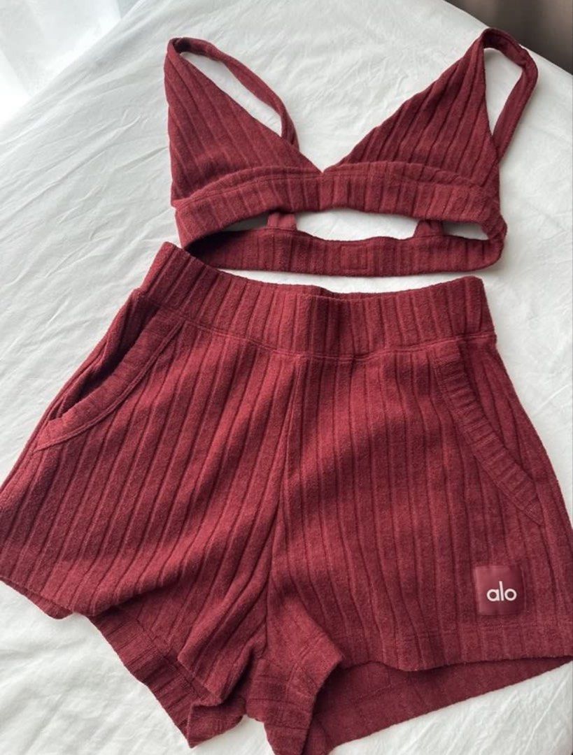 Alo Yoga Ribbed Knit Bra and Shorts Set XS Cranberry (Category: Activewear) located in Singapore. Submitted by buritto_jj (Listing ID 1442882613, Image 3). Description: - Alo Yoga ribbed knit set - Lovely cranberry color - Includes bra top and matching shorts - Super comfortable for lounging or light workouts - Soft and stretchy fabric - Ideal for everyday wear - Feels cozy and great to wear - Original price for set $105.