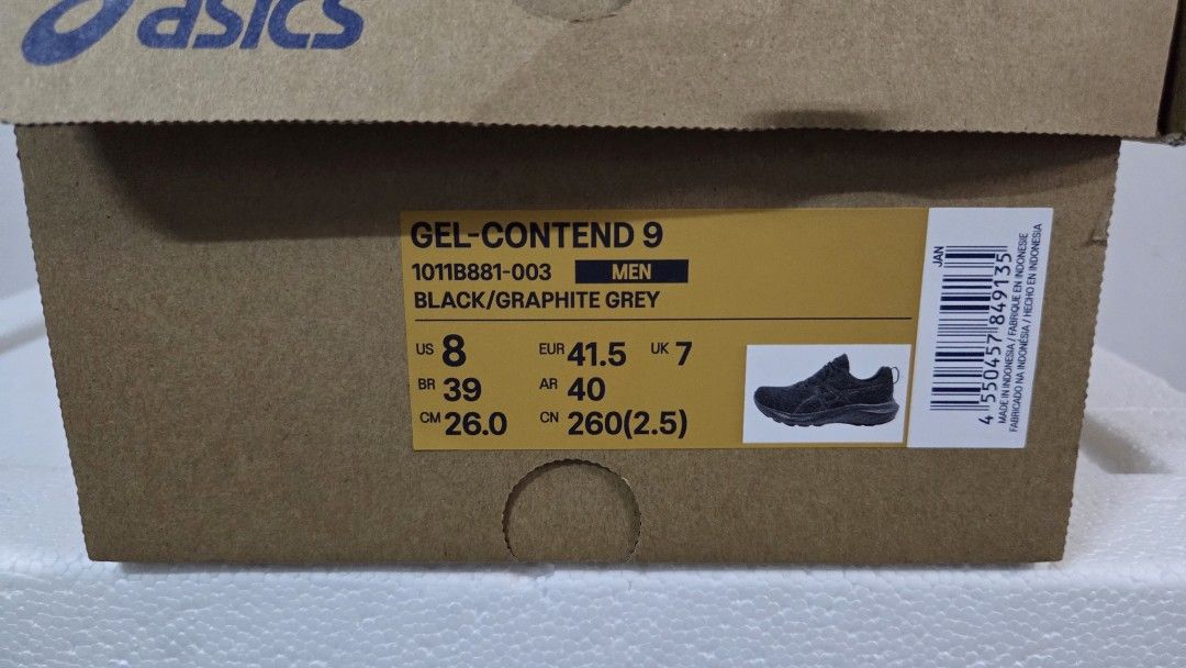 ASICS Gel-Contend 9 Men's Running Shoes Black/Graphite Grey (Category: Sneakers) located in Singapore. Submitted by sid_e_kid (Listing ID 1442895623, Image 1). Description: - ASICS Gel-Contend 9 Running Shoes - Color: Black with Graphite Grey accents - Size: Men's US 8 / EUR 41.5 / UK 7 - Ideal for running and everyday wear - Comes with original box - Just bought 2 days ago RFS : Impulse purchase.