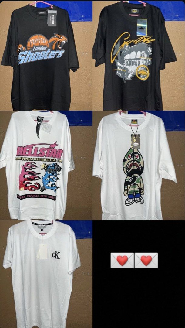 Assorted Graphic T-shirts - Trapstar, Hellstar, Bape, CK, North Face (Category: Tshirts & Polo Shirts ) located in Manila. Submitted by aleksberna44564 (Listing ID 1442759758, Image 1). Description: - Bundle of 5 graphic t-shirts - Brands/Designs include: Trapstar London Shooters, Hellstar, Bape-inspired, Calvin Klein, The North Face - Assorted designs and colors - Ideal for casual everyday wear - Excellent value for popular styles.