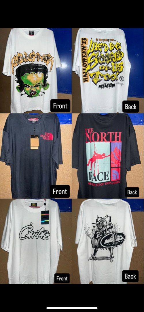 Assorted Graphic T-shirts - Trapstar, Hellstar, Bape, CK, North Face (Category: Tshirts & Polo Shirts ) located in Manila. Submitted by aleksberna44564 (Listing ID 1442759758, Image 3). Description: - Bundle of 5 graphic t-shirts - Brands/Designs include: Trapstar London Shooters, Hellstar, Bape-inspired, Calvin Klein, The North Face - Assorted designs and colors - Ideal for casual everyday wear - Excellent value for popular styles.