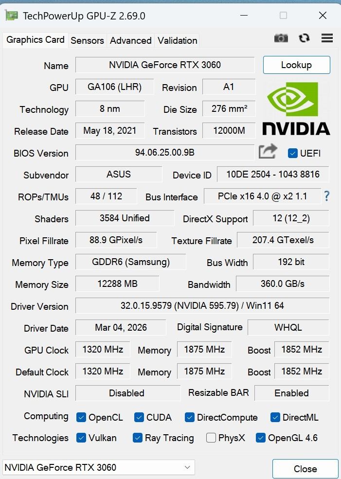ASUS TUF RTX 3060 12GB GAMING GPU477535398842214404