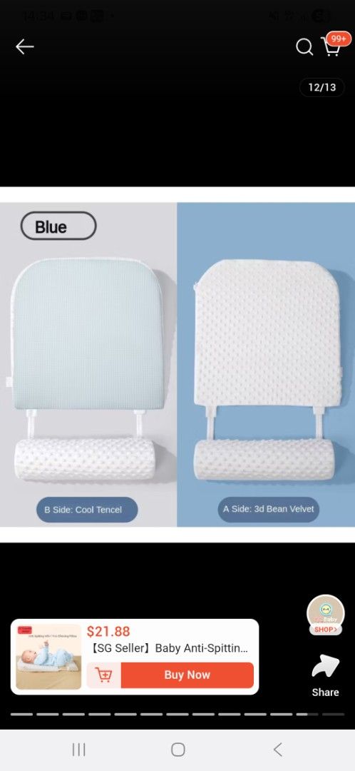 Baby Anti-Spitting Pillow with Cool Tencel and 3D Bean Velvet Sides (Category: Childrens' Beds) located in Singapore. Submitted by greenpea (Listing ID 1442787821, Image 1). Description: - Prevents baby spitting up - Dual-sided comfort: Cool Tencel fabric & soft 3D bean velvet - Helps reduce reflux - Easy to use and clean - Color: Blue.