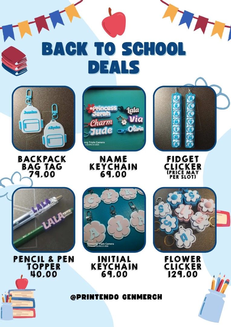 Bag Tags, Keychain, Pencil Topper, Clickers (Category: Stationery & School Supplies) located in Pasig City. Submitted by eoiaeeo (Listing ID 1442738263, Image 3). Description: 🎒✨ BACK-TO-SCHOOL MUST-HAVES! ✨🎒 Stand out this school year with personalized 3D-printed essentials from Printendo GenMerch! 🧳 Custom Bag Tags ✏️ Name Pencil & Pen Toppers 🔤 Personalized Keychains ⌨️ Fidget & Flower Clickers Perfect for students, teachers, classmates, a