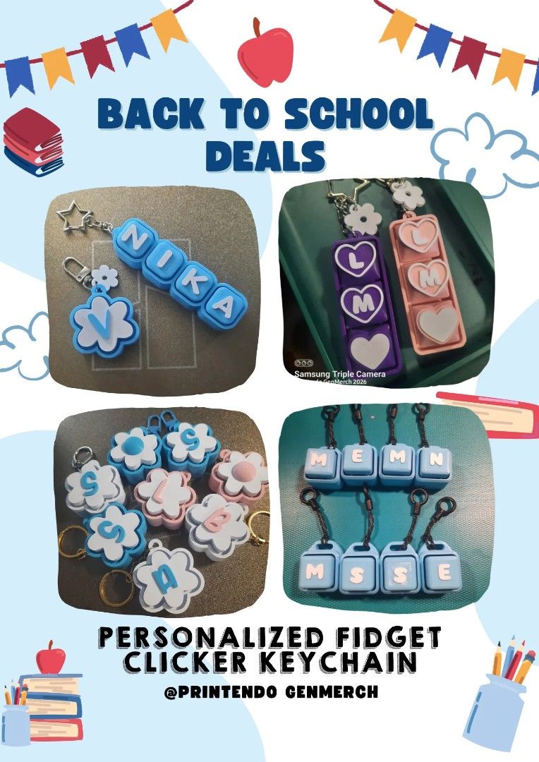 Bag Tags, Keychain, Pencil Topper, Clickers (Category: Stationery & School Supplies) located in Pasig City. Submitted by eoiaeeo (Listing ID 1442738263, Image 2). Description: 🎒✨ BACK-TO-SCHOOL MUST-HAVES! ✨🎒 Stand out this school year with personalized 3D-printed essentials from Printendo GenMerch! 🧳 Custom Bag Tags ✏️ Name Pencil & Pen Toppers 🔤 Personalized Keychains ⌨️ Fidget & Flower Clickers Perfect for students, teachers, classmates, a
