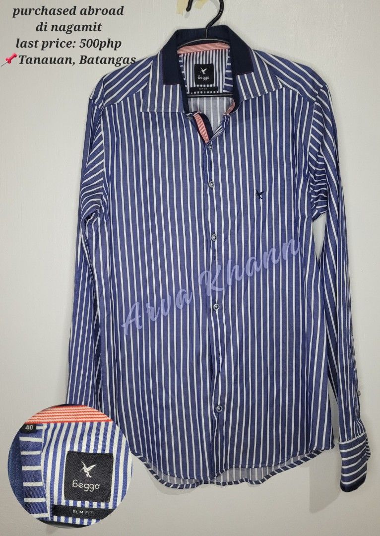 Begga Slim Fit Striped Button-Down Shirt for Men (Category: Tshirts & Polo Shirts ) located in Tanauan. Submitted by arvakhann (Listing ID 1442882094, Image 1). Description: ✨ ️Pre-Loved Branded Plus-Size Men's Button-Down Shirts for Sale ✨️ These shirts were originally bought from malls for ₱800 and above. Pre-loved items po ito, not ukay. Please also understand na may baby ako kaya di ko na ma plantsa at ma butones ng maayos lahat pero goods ya