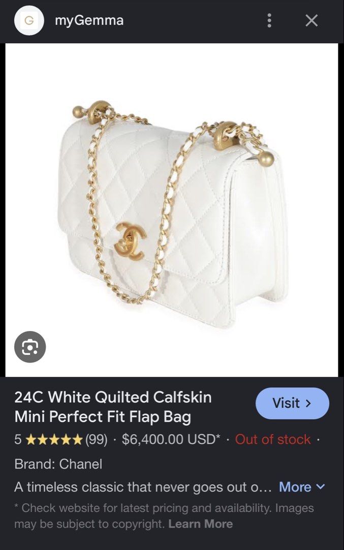 Chanel Perfect Fit white flap bag (Category: Shoulder Bags) located in Pasig City. Submitted by missdierdre (Listing ID 1442862659, Image 3). Description: - Chanel Perfect Fit white flap bag - aged gold hardware - adjustable ball chain, can be crossbody, shoulder or top handle bag - Quilted classic leather exterior - Versatile for dressing up or down - Timeless piece for any collection - used twice lang halos new ito - NGA but the stitching is rl