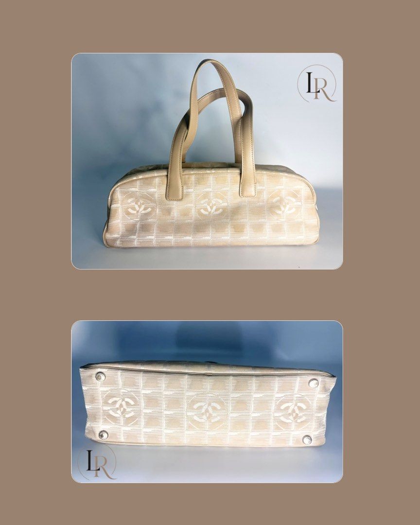 Chanel Travel Line Boston Bag (Category: Luxury Bags & Wallets) located in Quezon City. Submitted by elaine_t_dj (Listing ID 1442810466, Image 3). Description: - Authentic Chanel Travel Line Boston Bag - Color: Beige canvas with iconic CC logo pattern - Material: Durable canvas with genuine leather handles and trim - Closure: Secure zipper closure - Interior: Shows some signs of dirt - Hardware: Exhibits fading and scratches - Exterior: Light rub