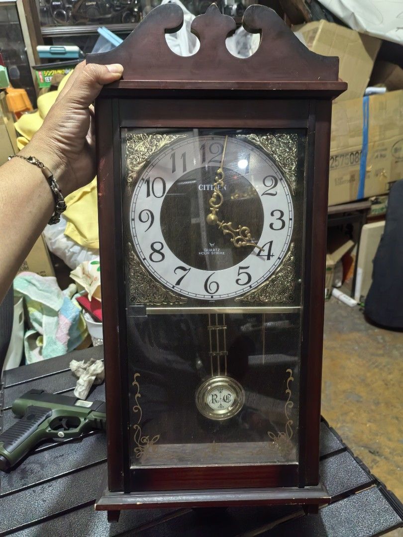 Citizen Pendulum Hourly Strike Wallclock (Category: Clocks) located in Cebu City. Submitted by dudes_villanueva (Listing ID 1442734268, Image 1). Description: Citizen Pendulum Hourly Strike Wallclock Quartz 📌 In excellent working condition. 📌 Hourly strike and every 30 minutes single strike. 📌 Has scratches seen on pic. Sold as is. 📌 Type D Battery Operated (Not included) L10.25xW4xH23.75 in.