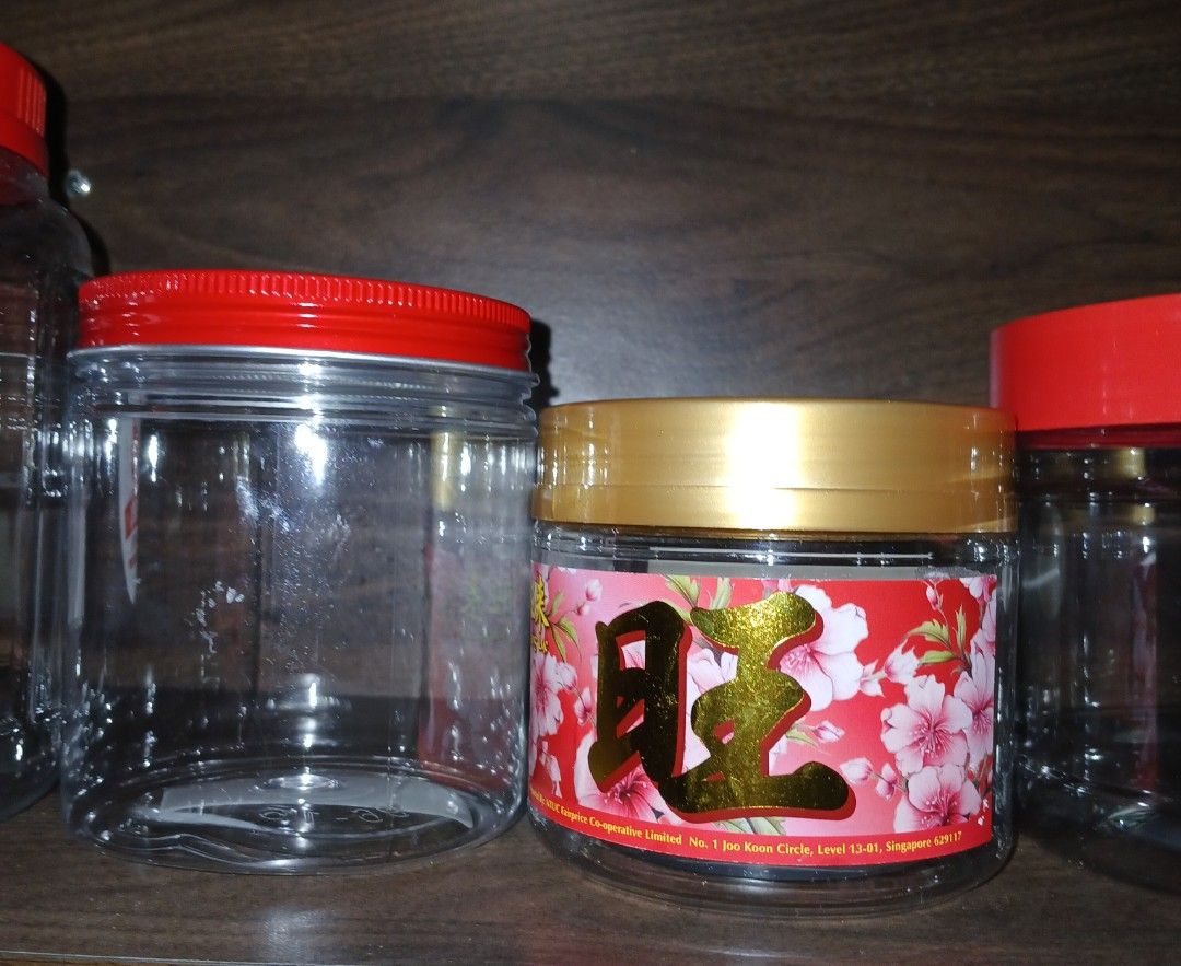 Clear Plastic Jars with Red and Gold Lids