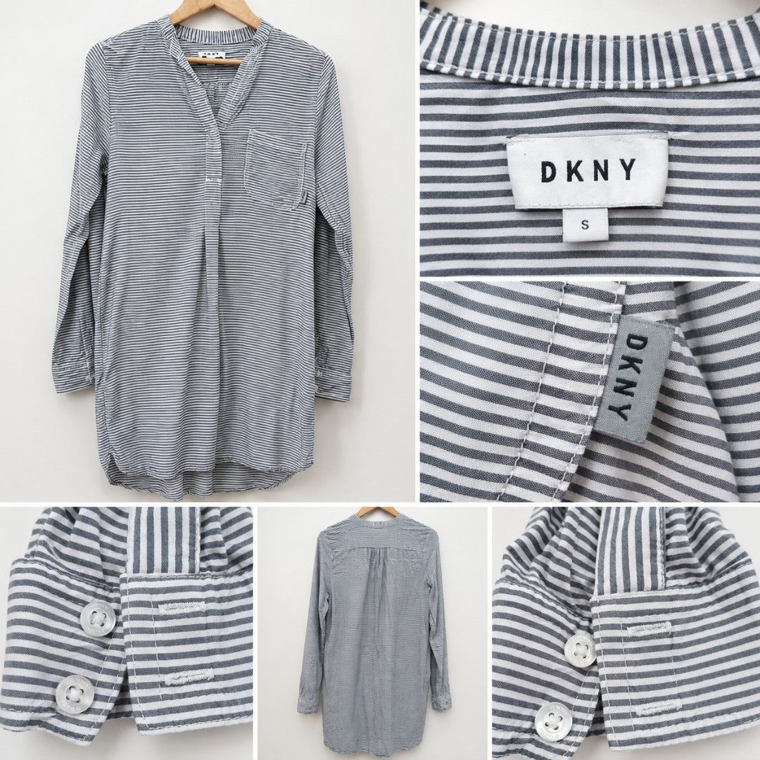 DKNY Striped Tunic Shirt Size S (Category: Shirts) located in Bulacan. Submitted by wittywardrobe (Listing ID 1442847681, Image 1). Description: Size: Small on tag Bust 20“ Length 30" Color is not faded stripes light grayish and white in actual - DKNY long sleeve tunic shirt - Classic Gray and white stripes - Left chest pocket - Button cuff details - V-neckline with a small collar - Versatile for casual wear or layering.