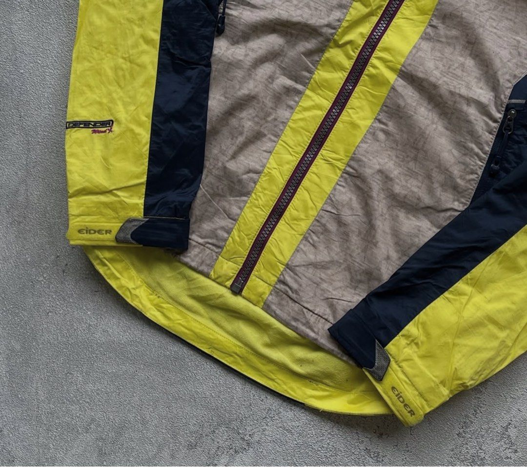 Eider technical shell jacket (Category: Coats, Jackets and Outerwear) located in Singapore. Submitted by sosleepyy (Listing ID 1442742947, Image 9). Description: (L 60 x W 48) * Technical waterproof shell * Pit/chest pocket * Adjustable hood * Alpine/mountaineering style cut * Bright yellow/black colorway.