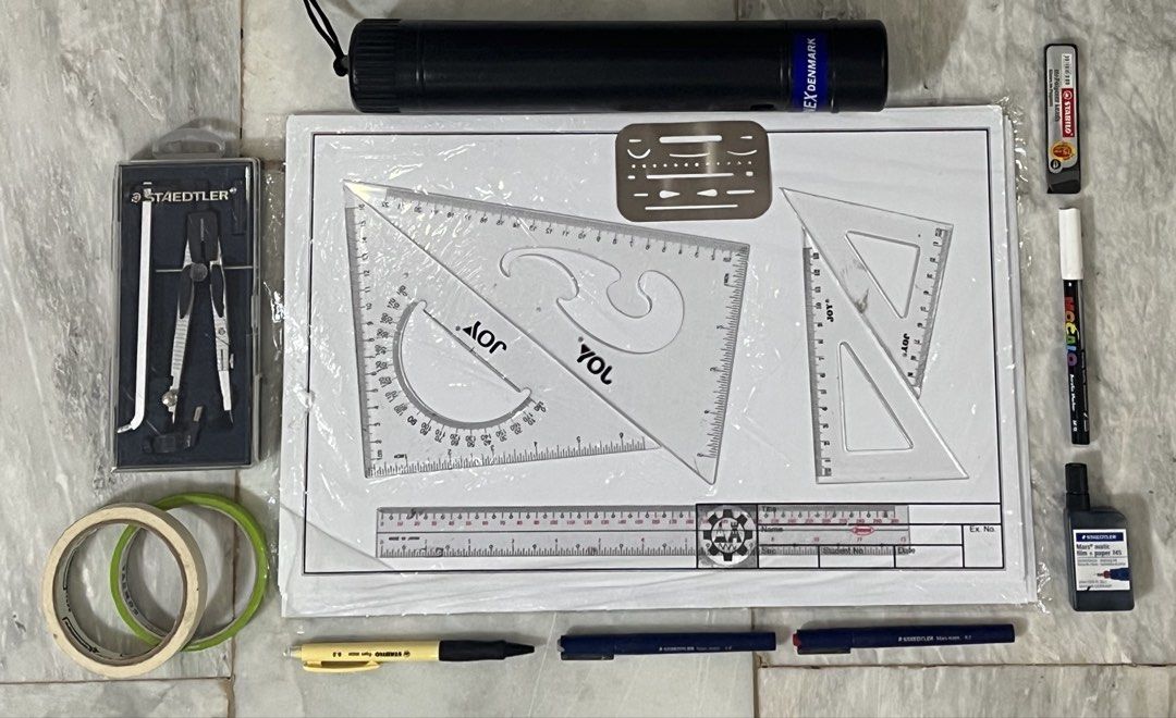 Engineering drawing materials UST (Category: Stationery & School Supplies) located in Manila. Submitted by luna.11 (Listing ID 1442865273, Image 1). Description: FS‼️ Engineering Drawing Materials ‼️ — best for engineering ust freshies — Inclusions: - 30 pcs engdraw paper - .8 & .2 techpen (Steadtler) - 2 set of triangles (30-60-90 & 45-45-90) - eraser shield - mechanical pencil and leads (stabilo) - compass set (steadtler) - techpen ink - white 