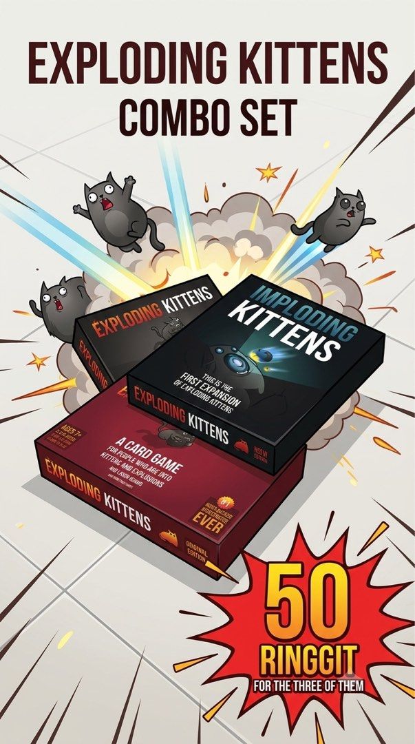 Exploding kittens (Category: Toys & Games) located in Kuala Lumpur. Submitted by dayventhe13yo2026 (Listing ID 1442838707, Image 1). Description: Includes all 3 of the Exploding Kittens. Imploding kittens, exploding kittens and exploding kittens (NSFW Deck) Will receive in 1+ days. No delivery on Sundays. Delivery only..