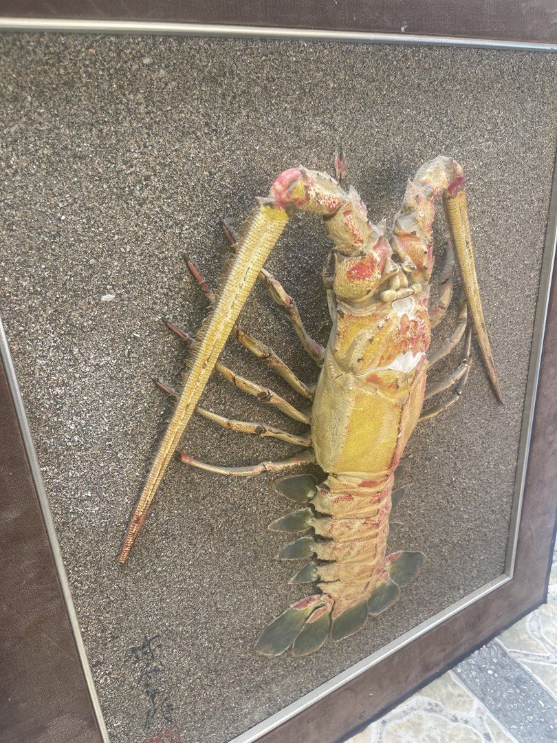 Framed Lobster Wall Art - Unique Seafood Display (Category: Frames & Pictures) located in Manila. Submitted by chesterson1979. (Listing ID 1442737871, Image 3). Description: - Unique framed art piece - Features a realistic lobster - Textured sand-like background - Artist's signature/mark in bottom left corner - Ideal for seafood restaurants or quirky home decor.