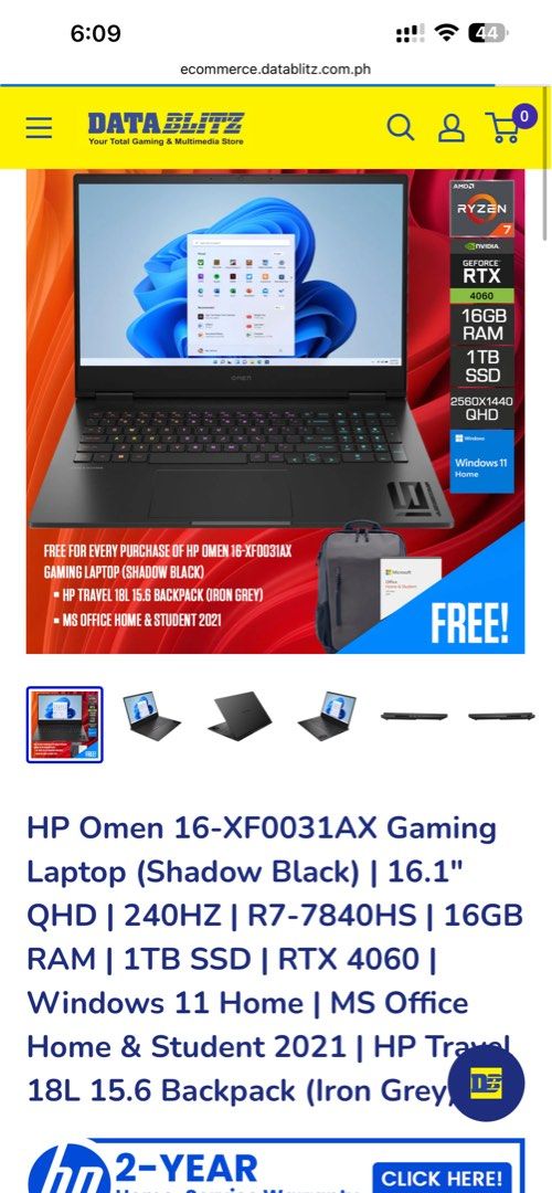 HP Omen 16 Gaming Laptop (Category: Laptops & Notebooks) located in Pasig City. Submitted by ethanhunt9195 (Listing ID 1442829957, Image 1). Description: - HP Omen 16 Gaming Laptop in Shadow Black - Stunning 16.1" QHD 240Hz Display - Powerful AMD Ryzen R7-7840HS Processor - High-Performance NVIDIA RTX 4060 Graphics Card - 16GB RAM for Smooth Multitasking - Fast 1TB SSD Storage - Pre-installed with Windows 11 Home - Includes MS Office Home & Stude