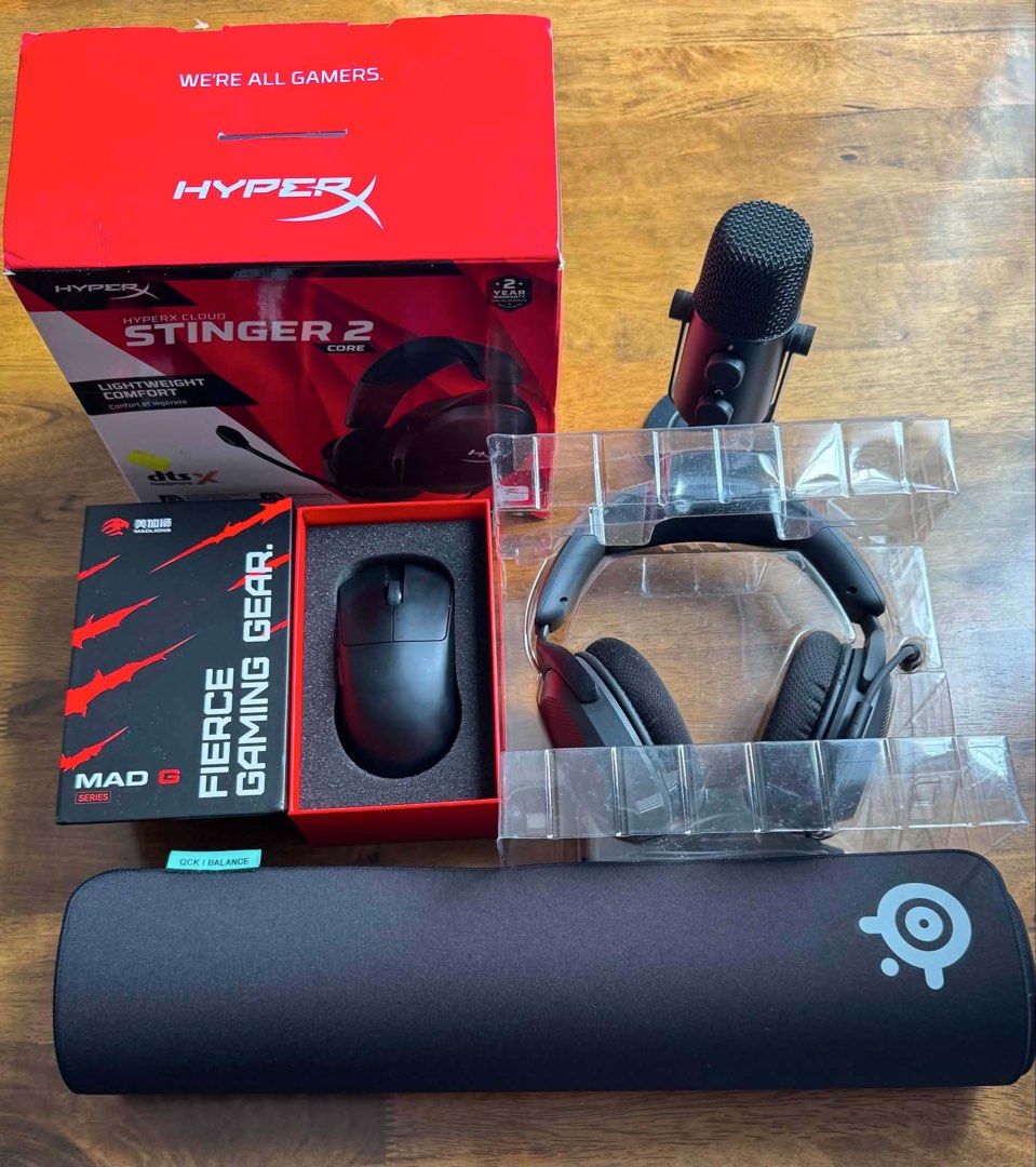HyperX Cloud Stinger 2 Core, Mouse, Mic, Mousepad Bundle (Category: Mouse & Mousepads) located in Marilao. Submitted by jkqwerty12 (Listing ID 1442868243, Image 1). Description: HyperX Cloud Stinger 2 Core - 1,780 php SteelSeries QCK Performance Balance Mousepad LARGE - 2,295 php Maono AU-902/903 Type C/USB Microphone - 2,000 php FGG MAD G Wireless Mouse Dual Mode 8k PAW3395/ Pro Black - 2,455 TOTAL ORIG PRICE: 8,530 php SELLING PRICE : 7,500php 