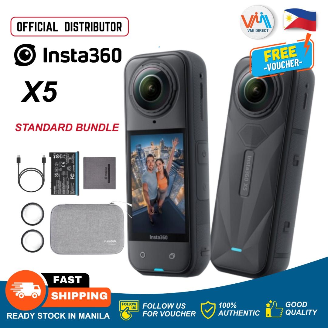 Insta360 X5 Essential Bundle 360º Waterproof Action Camera with 8K Resolution, FlowState Image Stabilization Horizon Lock (Category: Video Cameras) located in Manila. Submitted by vmidirect (Listing ID 1442823647, Image 1). Description: The Insta360 X5 is a waterproof action camera delivering immersive 8K30fps 360° video with dual 1/1.28\" sensors for exceptional clarity and color.|It features triple AI chips for superior low-light performance an