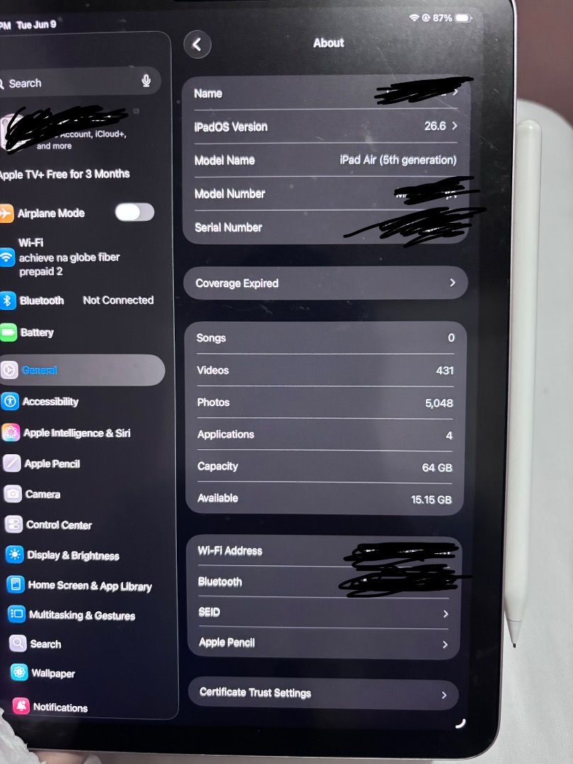 Ipad Air 5th generation M1 (Category: iPad) located in Quezon City. Submitted by charaaaa (Listing ID 1442853025, Image 3). Description: Ipad Air 5th generation Bought in 2022 Comes with apple pencil With Paperlike screen protector since day 1 Can give discount if bought on/before June 19, 2026 Can also give Ipad case (but case is dirty) No issues Meet-ups in Katipunan, Cubao, or any LRT2 station.