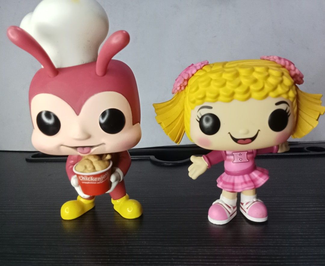 Jollibee Funko Pop Figures Set (Category: Designer & Blind Box Toys) located in Marikina City. Submitted by truecat_6654e7 (Listing ID 1442747683, Image 1). Description: - Jollibee Funko Pop figure - Hetty Funko Pop figure - Jollibee is holding a bucket of chicken - Hetty is wearing her signature pink dress - Ideal for collectors and Jollibee fans - No original box included.