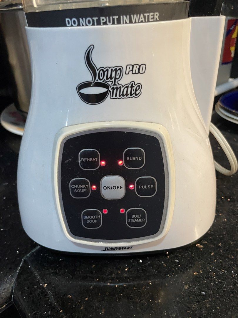 JumpStart Soup Pro Mate Blender (Category: Other Kitchenware & Tableware) located in Marikina City. Submitted by ffm73 (Listing ID 1442736446, Image 3). Description: - JumpStart Soup Pro Mate blender - Creates chunky or smooth soups - Blends, reheats, boils/steams, and pulses - Simple, user-friendly controls - Ideal for fast homemade soups - Convenient cord wrap for storage.