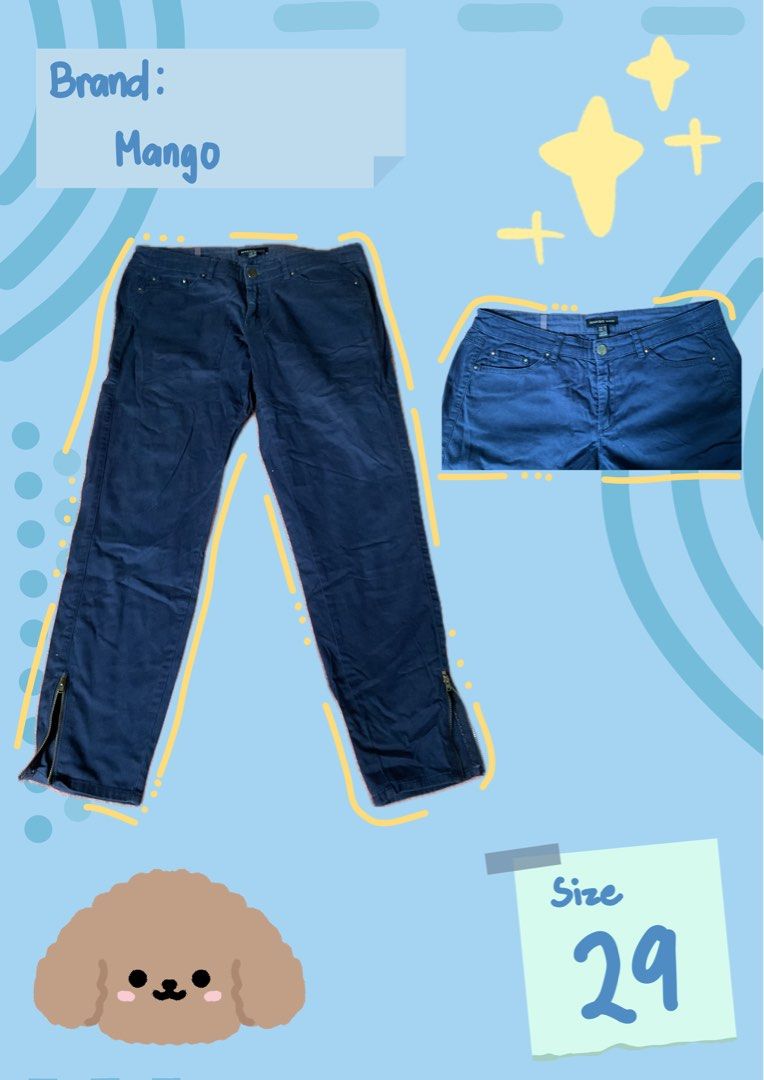 Mango Blue Zip Ankle Pants Size 29 (Category: Other Bottoms) located in Cabanatuan. Submitted by eihcin (Listing ID 1442895423, Image 1). Description: - Mango blue pants - Size 29 - Zipper detail at the ankle Fits: M RFS: declutterring MOP: Gcash Courier: J&t and LBC only.