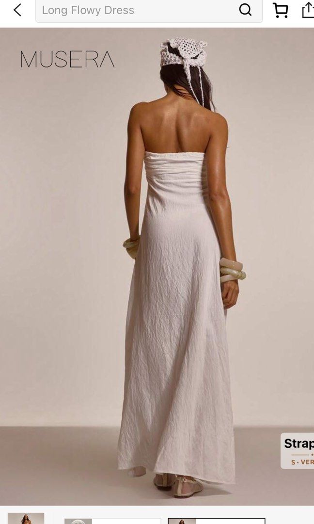 MUSERA White Strapless Long Flowy Dress (Category: Dresses) located in Caloocan City. Submitted by andraaa_ (Listing ID 1442741557, Image 2). Description: - White strapless maxi dress -used once -fit for xs-s - pm for ww .