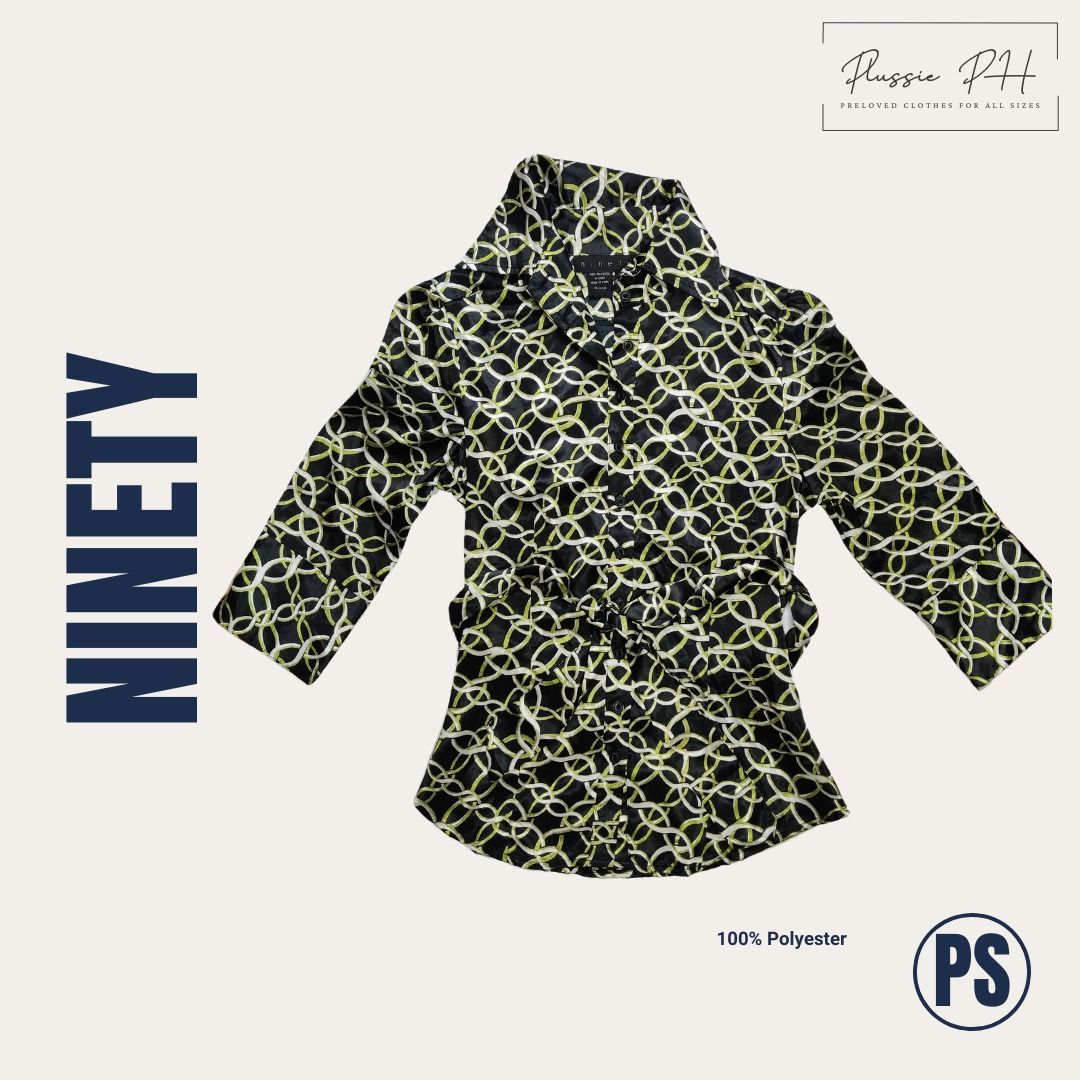 Ninety Black & Yellow Chain Print Blouse (Category: Blouses) located in Quezon City. Submitted by mjar_ (Listing ID 1442905869, Image 1). Description: - Stylish black blouse - Eye-catching yellow chain link print - Flattering tie waist detail - Long sleeves - Made of 100% polyester - Versatile: dress up or down.