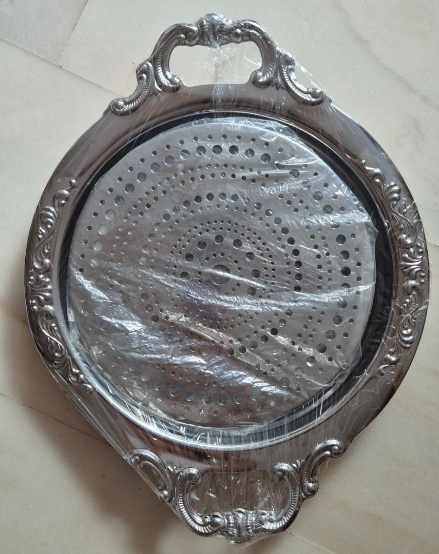 Ornate Silver Serving Tray with Handles477613299619614720