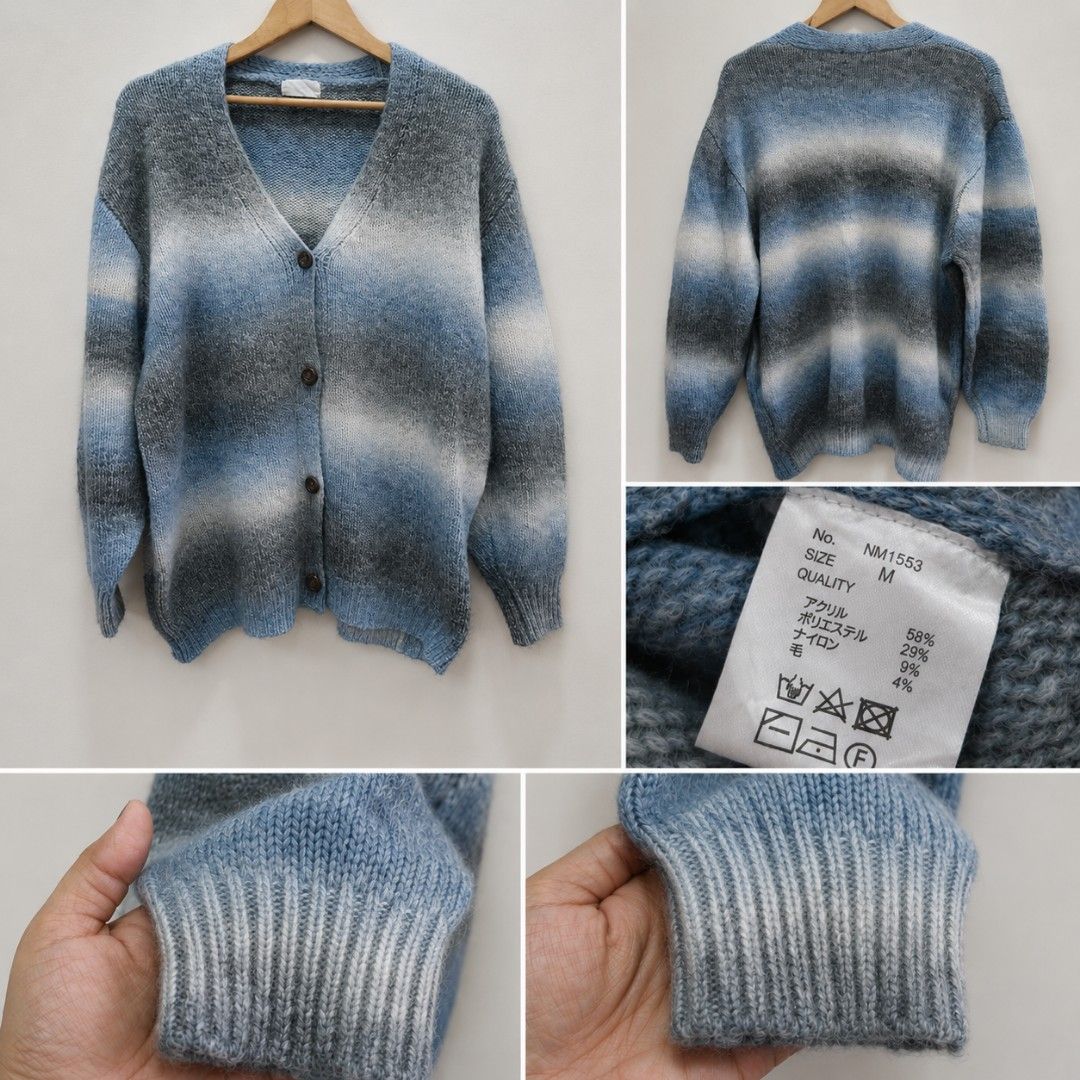 Oversized Ombre Blue & Grey Knit Cardigan (Category: Coats, Jackets and Outerwear) located in Bulacan. Submitted by wittywardrobe (Listing ID 1442849667, Image 1). Description: Size: Medium on tag Bust 26" Length 26.5 " - Cozy knit cardigan with a cool ombre effect - Shades of blue, grey, and white blend together - Button-up front with a V-neckline - Ideal for layering over tops.