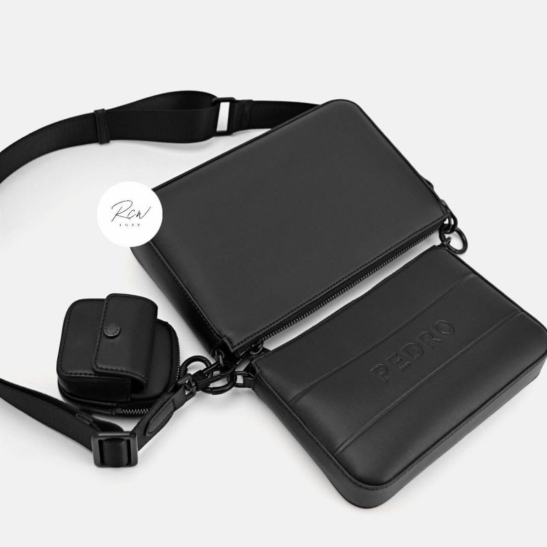 Pedro Black Crossbody Bag with Pouch (Category: Cross-body Bags) located in Manila. Submitted by angel_ganda11 (Listing ID 1442826957, Image 3). Description: - Pedro crossbody bag - Includes a detachable pouch - Adjustable strap for comfort - Features an embossed Pedro logo on the front - Ideal for everyday use, carrying essentials like phone, wallet, and keys - Boasts a simple and sleek design.